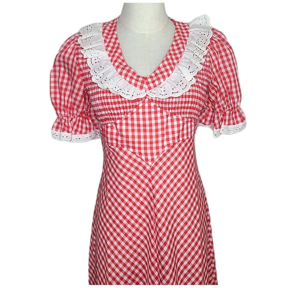 Vtg Jody T Of California Red Gingham Maxi Cottage Prarie‎ Puff Sleeve Dress 70s - Picture 2 of 8